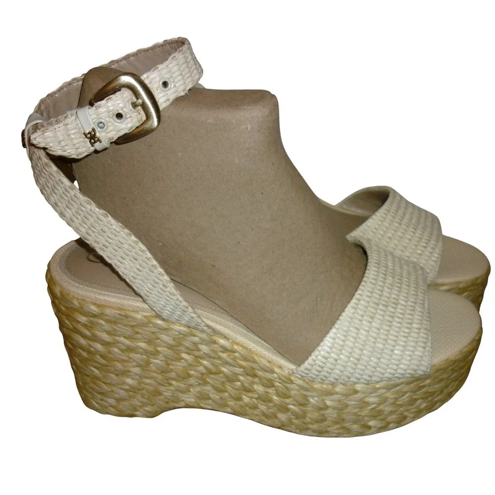 NWOB Sam Edelman‎ Ivory Woven Raffia Platform Wedge Sandals Size 11 Ankle Strap
